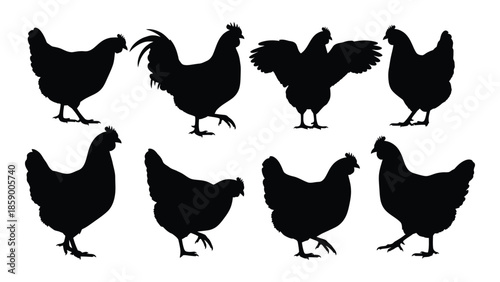 A collection of black silhouette farm chickens and roosters in various poses