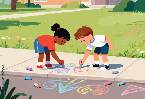 Two children drawing with colorful chalk on a sidewalk on a sunny day