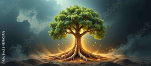 Majestic tree with vibrant roots glowing in an ethereal landscape.