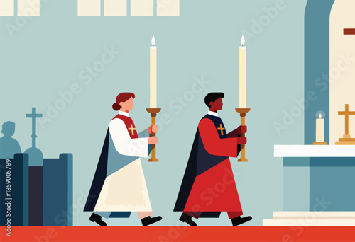 Clergy with lit candles walk in procession within a place of worship