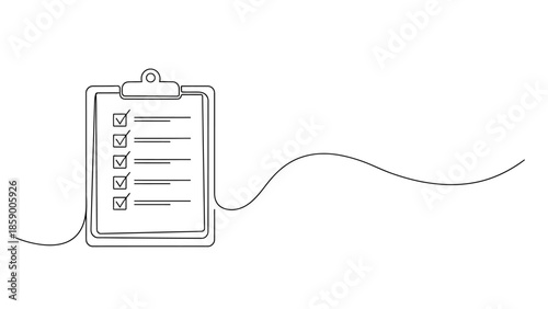 A minimalist continuous line drawing of a clipboard with a checklist and checkboxes.