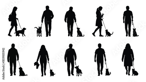 Silhouettes of people walking their dogs a collection of figures in black