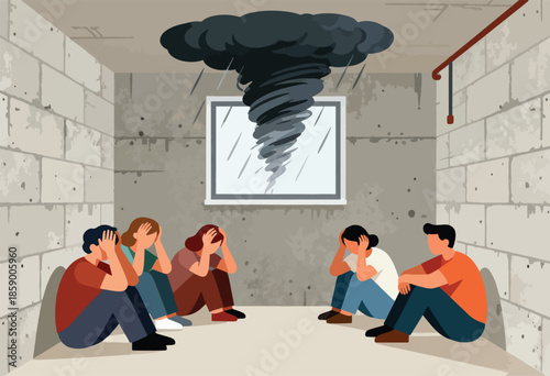 People huddled in a stark room, hands over ears, as a violent storm rages outside the window
