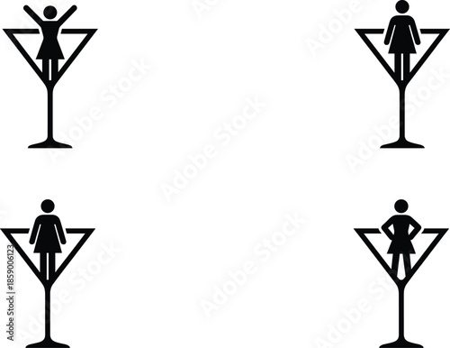 Restroom gender icons silhouette set isolated on white background, male female symbols in martini glass style black vector illustration design