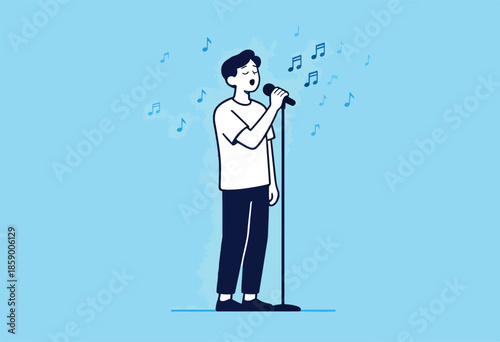 Person singing into microphone surrounded by musical notes