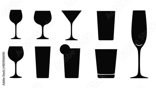 A collection of various black silhouette glassware shapes including wine and cocktail glasses
