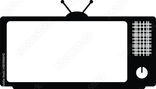 Retro television silhouette isolated on white background, vintage TV icon with antenna, classic media broadcast concept black vector illustration design
