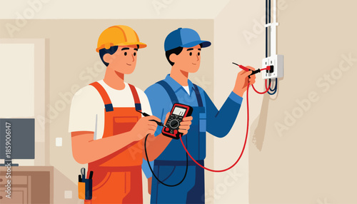 Two electricians in safety gear test electrical outlet with multimeters