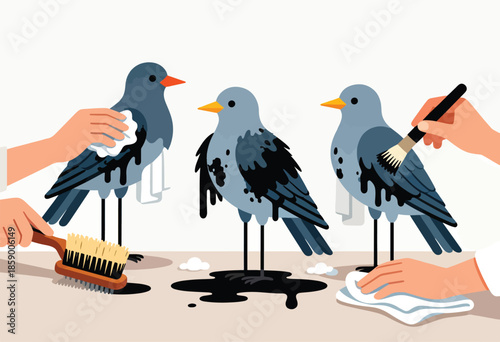 Three birds being cleaned of oil by hands with cloths, brushes, and paint