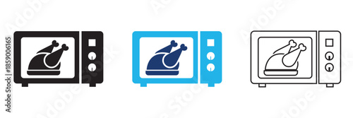 Microwave icon. Minimal vector illustration showing three toaster icons in different styles, suitable for kitchen appliance concepts, UI design, and household graphics.
