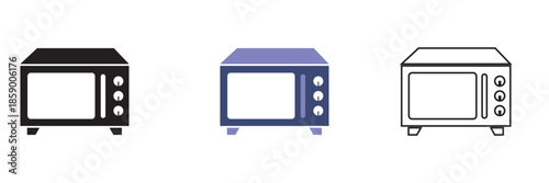 Microwave icon. Minimal vector illustration showing three toaster icons in different styles, suitable for kitchen appliance concepts, UI design, and household graphics.
