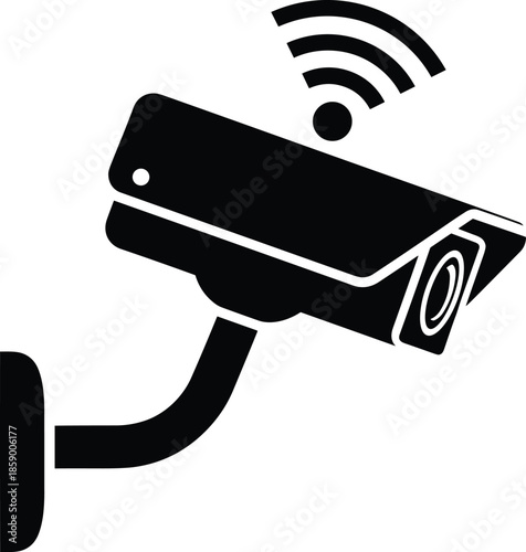 Wireless surveillance camera icon, modern security technology vector illustration, black and white CCTV device, smart monitoring system, digital safety equipment, wall mounted design