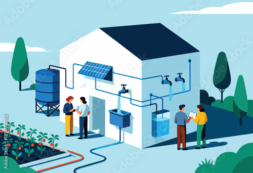 Sustainable home with solar panels, water tanks, and garden