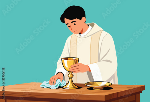 Man in religious attire cleans chalice on wooden altar