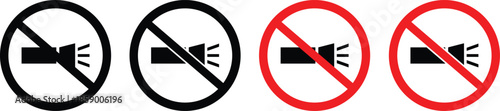  No flashlight or torch light usage prohibition sign collection in black and red versions vector set