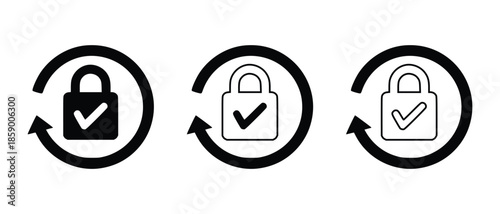 Three stylized icons representing secure data protection and verified access with circular arrows vector set