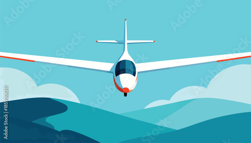 White glider with orange accents flies over abstract blue rolling hills under a sky