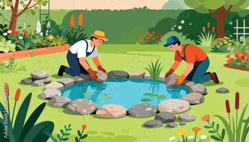 Two people build a garden pond by placing rocks around the water