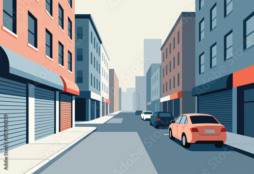 City street with buildings, parked cars, and closed storefronts under a hazy sky