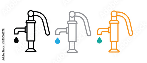 Vintage hand water pump icon in black white and orange with a dripping water droplet vector 
