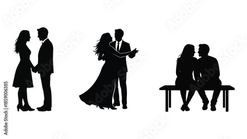 Silhouettes of couples in various romantic poses depict love and connection