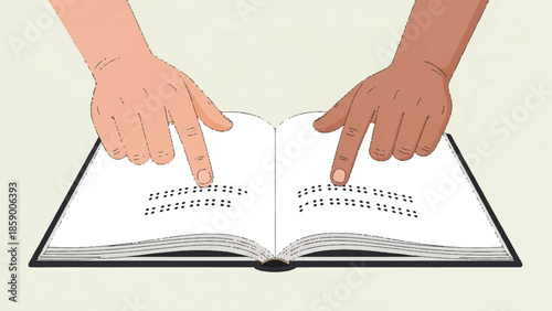Two hands pointing to text in an open braille book on a plain background