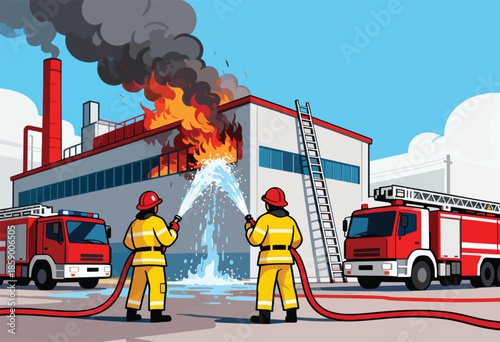 Firefighters battle blaze at industrial building with hoses & trucks