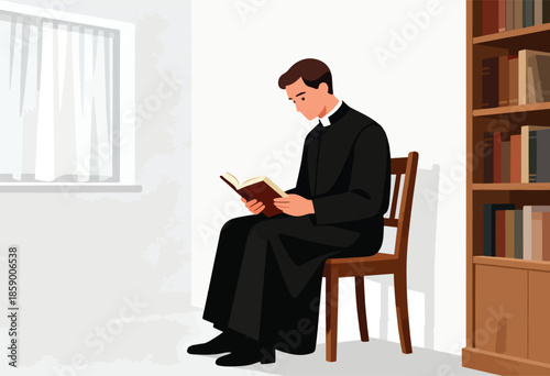 Cleric in cassock reads a book while seated on a chair beside a bookshelf