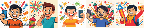 Happy New Year Selfie Flat Cartoon Illustration
