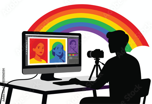 Silhouette of person editing diverse portraits on computer beneath rainbow