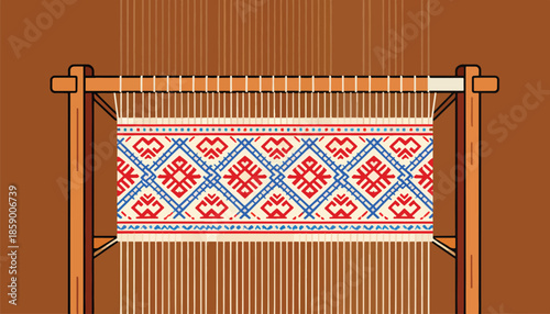 Wooden loom with vibrant red and blue geometric pattern on fabric