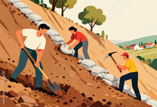Three people working together on a hill, placing sandbags for protection