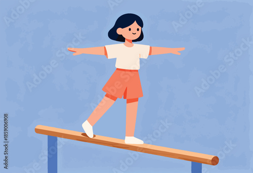 Young girl in orange shorts and white shirt balances on a wooden beam