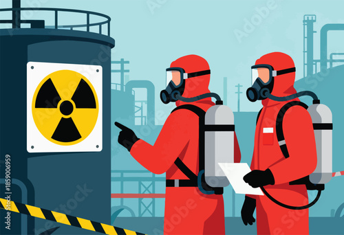 Two figures in hazmat suits point at a radioactive symbol near industrial pipes