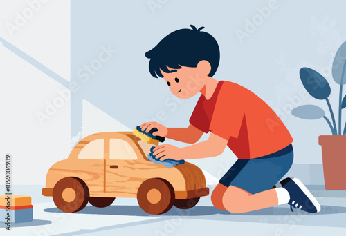 A child kneels and washes a wooden toy car with a sponge and cloth