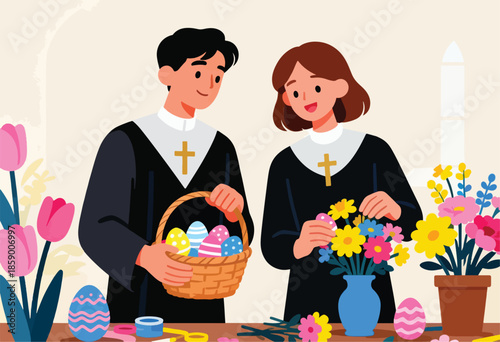 Religious figures preparing Easter eggs and flowers