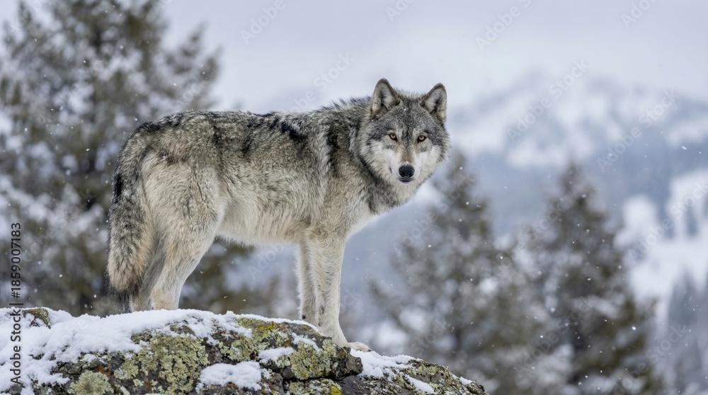 Fototapeta premium Wild Grey Wolf Standing on Snowy Rock in Lamar Valley Yellowstone Winter