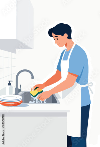 A person wearing an apron scrubs dishes at a kitchen sink with running water