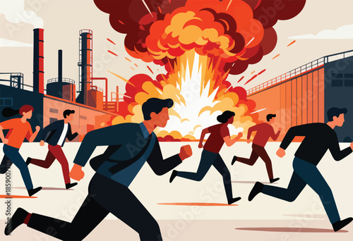 People flee an industrial explosion, seeking safety amidst chaos and destruction
