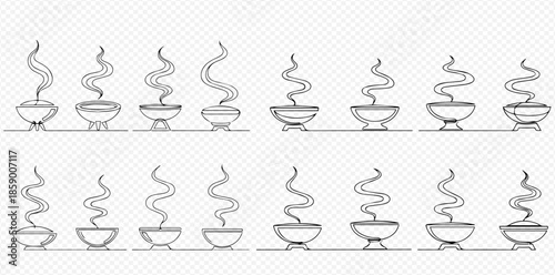Set of various steaming bowls with hot food or drink in outline style.