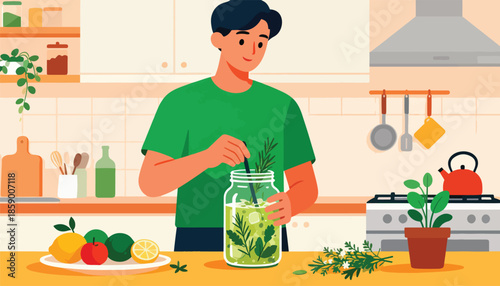 A person prepares a refreshing herbal drink in a kitchen