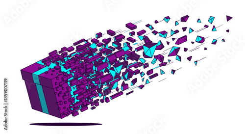 A vibrant purple gift box with a teal ribbon dramatically shatters into numerous geometric fragments, creating a dynamic visual effect of surprise and transformation.