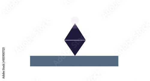 A minimalist digital illustration features a perfectly balanced dark geometric diamond shape resting atop a sturdy grey rectangular base, with a subtle white orb hovering above.