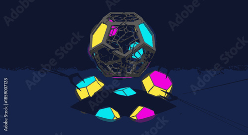 A captivating abstract geometric shape, with intricate dark connections and glowing yellow, cyan, and magenta facets, floats above shattered fragments.