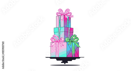 A vibrant stack of beautifully wrapped gift boxes with colorful bows, resembling a festive cake, symbolizing celebration and joy on a clean white background.