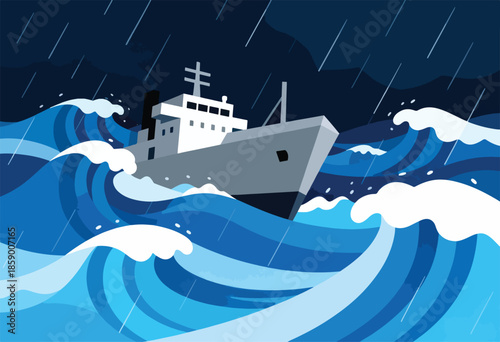 Ship battling stormy seas with heavy rain