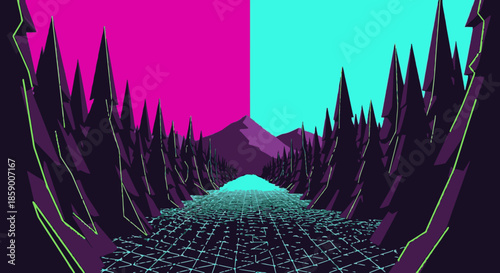 A vibrant retro-futuristic landscape with a glowing grid road, neon trees, and distant mountains under a striking pink and cyan sky, reflecting 1980s style.