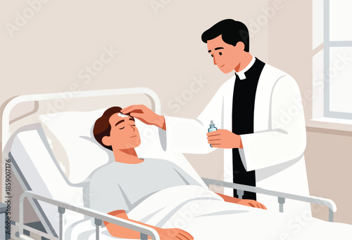 Cleric anoints a patient lying in a hospital bed with oil
