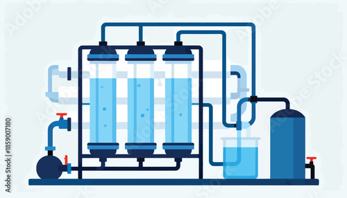 Industrial water filtration system with clear tanks, pipes, pump, and storage