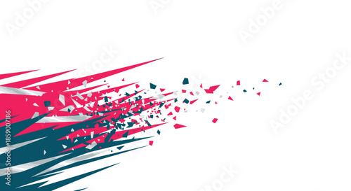 Dynamic abstract design featuring exploding shards and streaks of pink and teal against a clean white background.